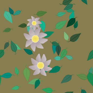 Serbest kompozisyonda yeşil yapraklı basit çiçekler, vektör illüstrasyonu