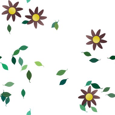 Basit renkli çiçekleri ve beyaz arkaplanda yeşil yaprakları olan güzel kompozisyon, vektör illüstrasyonu  