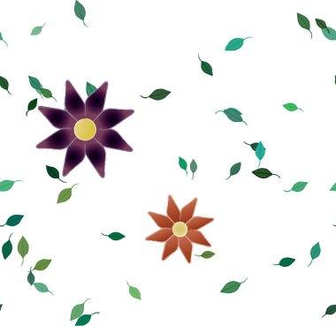 Basit renkli çiçekleri ve arka planda yeşil yaprakları olan güzel kompozisyon, vektör illüstrasyonu