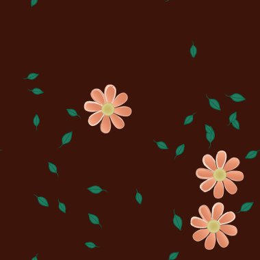 Serbest kompozisyonda yeşil yapraklı basit çiçekler, vektör illüstrasyonu