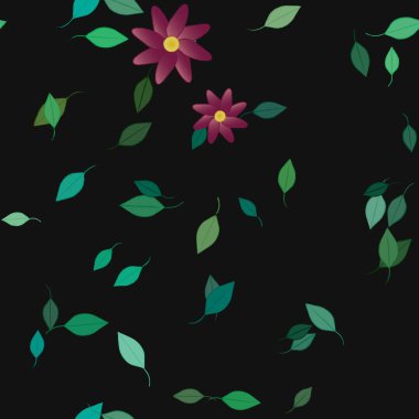 Serbest kompozisyonda yeşil yapraklı basit çiçekler, vektör illüstrasyonu