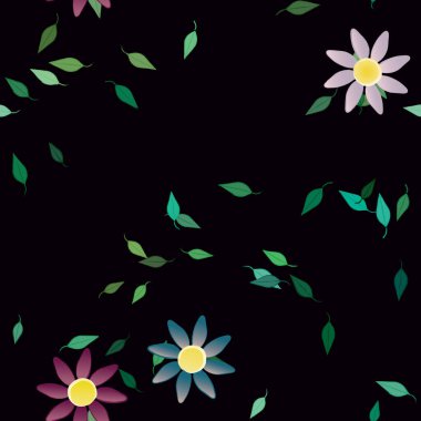 Basit renkli çiçekleri ve siyah arkaplanda yeşil yaprakları olan güzel kompozisyon, vektör illüstrasyonu  