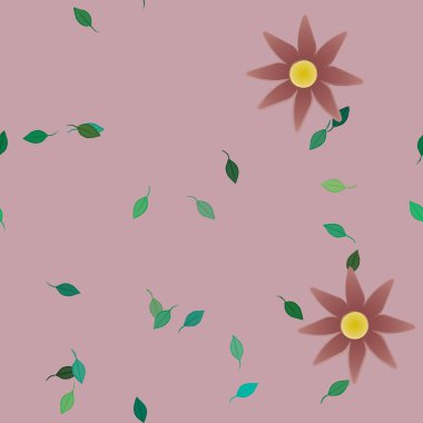 basit renkli çiçekleri olan serbest kompozisyon ve duvar kağıdı için yeşil yapraklar, vektör illüstrasyonu