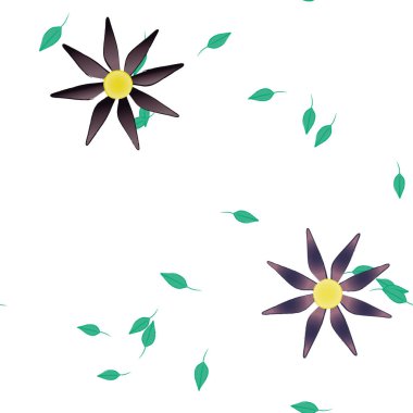 Serbest kompozisyonda yeşil yapraklı basit çiçekler, vektör illüstrasyonu