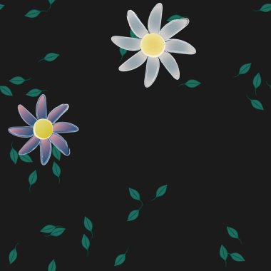 Serbest kompozisyonda yeşil yapraklı basit çiçekler, vektör illüstrasyonu