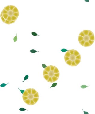 Basit renkli çiçekleri ve arka planda yeşil yaprakları olan güzel kompozisyon, vektör illüstrasyonu