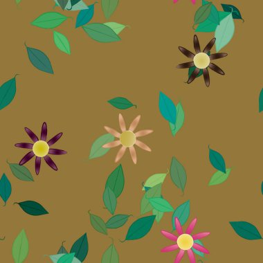 arkaplanda renkli çiçekler ve yeşil yapraklar, vektör illüstrasyonu