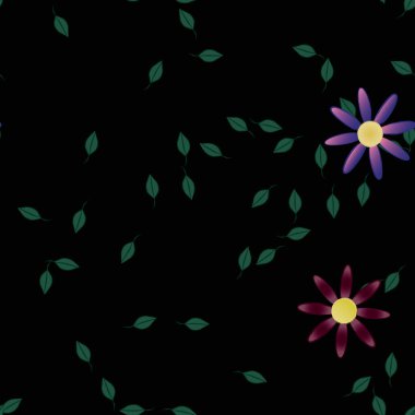 Basit renkli çiçekleri ve arka planda yeşil yaprakları olan güzel kompozisyon, vektör illüstrasyonu