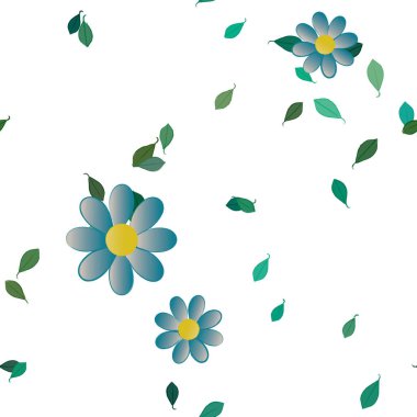 basit renkli çiçekleri olan serbest kompozisyon ve duvar kağıdı için yeşil yapraklar, vektör illüstrasyonu