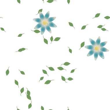 basit renkli çiçekleri olan serbest kompozisyon ve duvar kağıdı için yeşil yapraklar, vektör illüstrasyonu