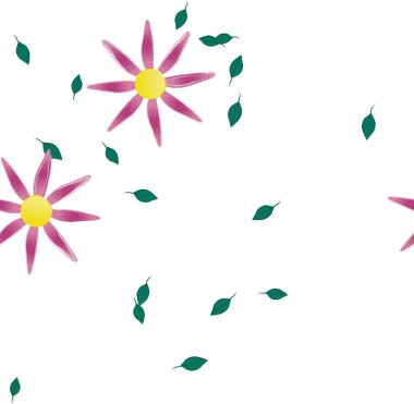 Basit renkli çiçekleri ve arka planda yeşil yaprakları olan güzel kompozisyon, vektör illüstrasyonu