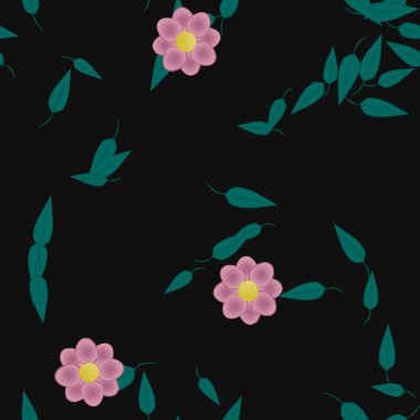 basit renkli çiçekleri olan serbest kompozisyon ve duvar kağıdı için yeşil yapraklar, vektör illüstrasyonu