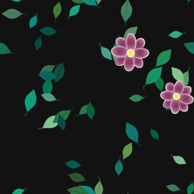 Basit renkli çiçekleri ve arka planda yeşil yaprakları olan güzel kompozisyon, vektör illüstrasyonu