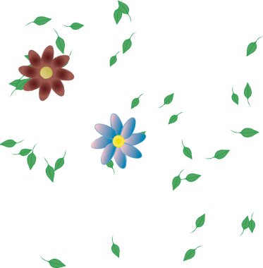 Basit renkli çiçekleri ve arka planda yeşil yaprakları olan güzel kompozisyon, vektör illüstrasyonu  