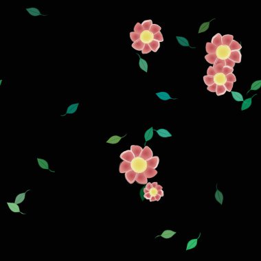 Basit renkli çiçekleri ve arka planda yeşil yaprakları olan güzel kompozisyon, vektör illüstrasyonu