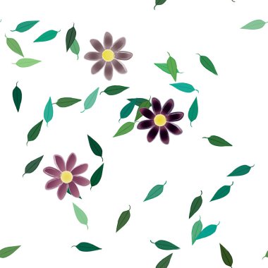 Basit çiçek ve yeşil yapraklı tasarım kompozisyonu, vektör illüstrasyonu