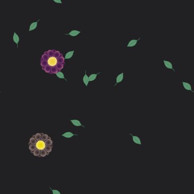 Serbest kompozisyonda yeşil yapraklı basit çiçekler, vektör illüstrasyonu