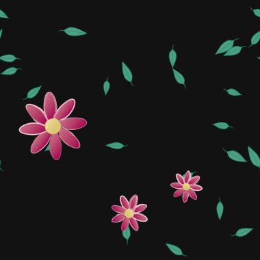 Basit çiçek ve yeşil yapraklı tasarım kompozisyonu, vektör illüstrasyonu