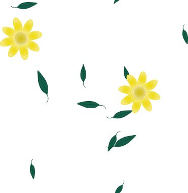 basit renkli çiçekleri olan serbest kompozisyon ve duvar kağıdı için yeşil yapraklar, vektör illüstrasyonu