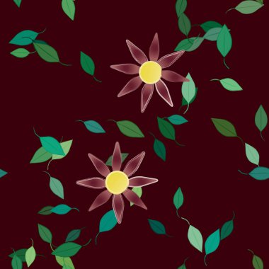 Serbest kompozisyonda yeşil yapraklı basit çiçekler, vektör illüstrasyonu