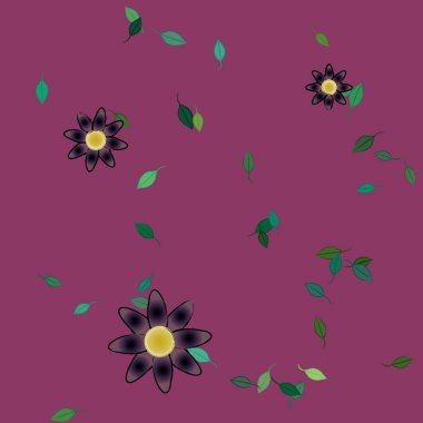 Serbest kompozisyonda yeşil yapraklı basit çiçekler, vektör illüstrasyonu