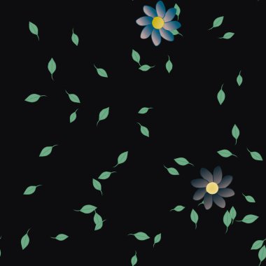 basit renkli çiçekleri olan serbest kompozisyon ve duvar kağıdı için yeşil yapraklar, vektör illüstrasyonu