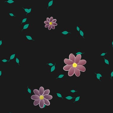 Basit renkli çiçekleri ve arka planda yeşil yaprakları olan güzel kompozisyon, vektör illüstrasyonu