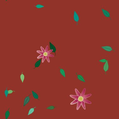 basit renkli çiçekleri olan serbest kompozisyon ve duvar kağıdı için yeşil yapraklar, vektör illüstrasyonu