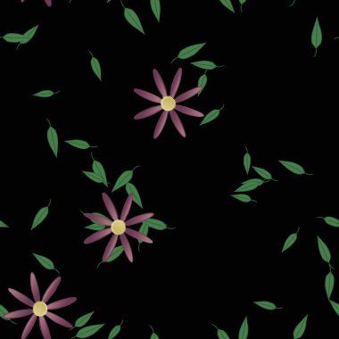 Basit renkli çiçekleri ve arka planda yeşil yaprakları olan güzel kompozisyon, vektör illüstrasyonu