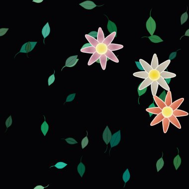 arkaplanda renkli çiçekler ve yeşil yapraklar, vektör illüstrasyonu