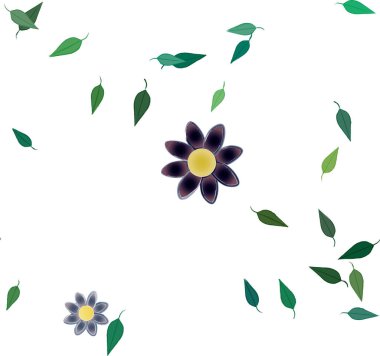 Serbest kompozisyonda yeşil yapraklı basit çiçekler, vektör illüstrasyonu