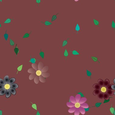 Basit renkli çiçekleri ve arka planda yeşil yaprakları olan güzel kompozisyon, vektör illüstrasyonu  