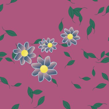 Serbest kompozisyonda yeşil yapraklı basit çiçekler, vektör illüstrasyonu