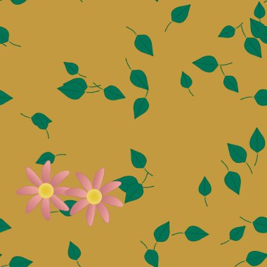 Basit renkli çiçekleri ve arka planda yeşil yaprakları olan güzel kompozisyon, vektör illüstrasyonu