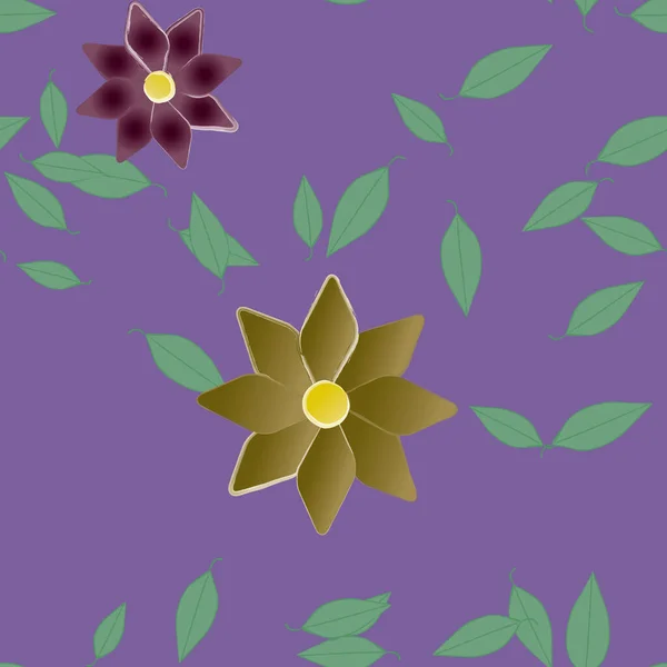 Красивая Композиция Простыми Цветными Цветами Зелеными Листьями Фиолетовом Фоне Векторная — стоковый вектор