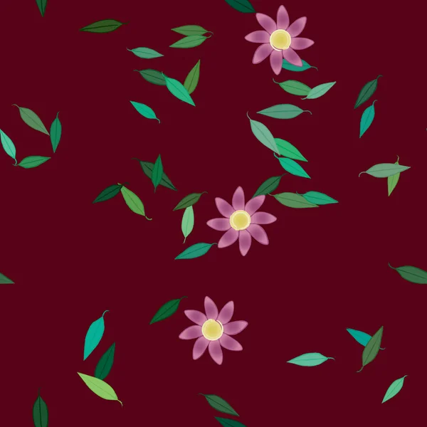 Piękna Kompozycja Prostymi Kolorowymi Kwiatami Zielonymi Liśćmi Bordowym Tle Ilustracja — Wektor stockowy