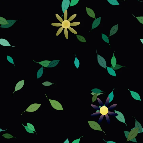 Gyönyörű Kompozíció Egyszerű Színes Virágok Zöld Levelek Fekete Háttér Vektor — Stock Vector