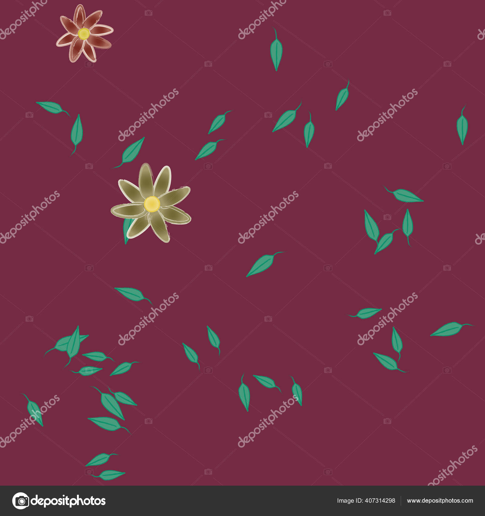 Colored Flowers Green Leaves Background Vector Illustration Stock