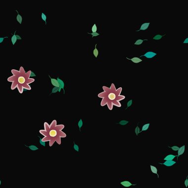 Serbest kompozisyonda yeşil yapraklı basit çiçekler, vektör illüstrasyonu