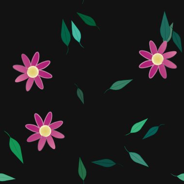 basit renkli çiçekleri olan serbest kompozisyon ve duvar kağıdı için yeşil yapraklar, vektör illüstrasyonu