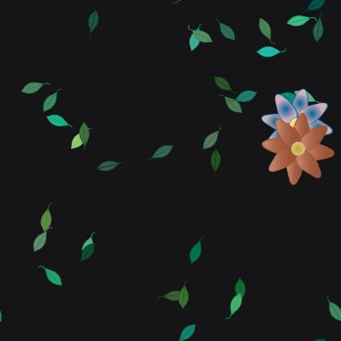 Basit renkli çiçekleri ve arka planda yeşil yaprakları olan güzel kompozisyon, vektör illüstrasyonu