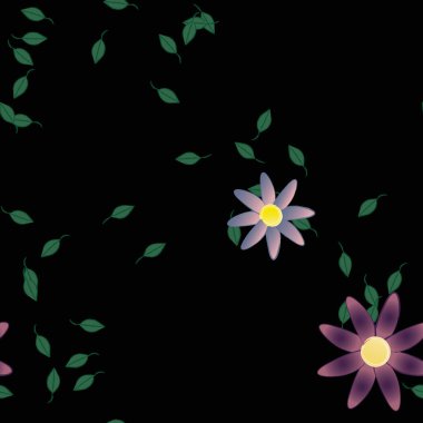 Serbest kompozisyonda yeşil yapraklı basit çiçekler, vektör illüstrasyonu