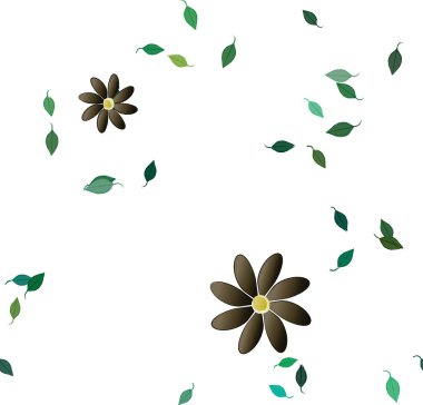 Serbest kompozisyonda yeşil yapraklı basit çiçekler, vektör illüstrasyonu