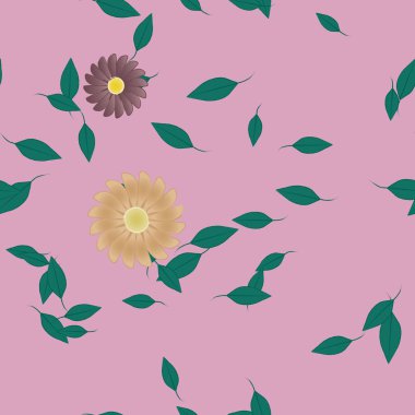 basit renkli çiçekleri olan serbest kompozisyon ve duvar kağıdı için yeşil yapraklar, vektör illüstrasyonu