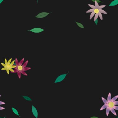 Basit renkli çiçekleri ve arka planda yeşil yaprakları olan güzel kompozisyon, vektör illüstrasyonu