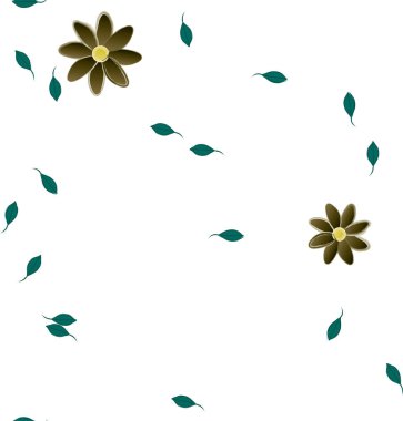 basit renkli çiçekleri olan serbest kompozisyon ve duvar kağıdı için yeşil yapraklar, vektör illüstrasyonu