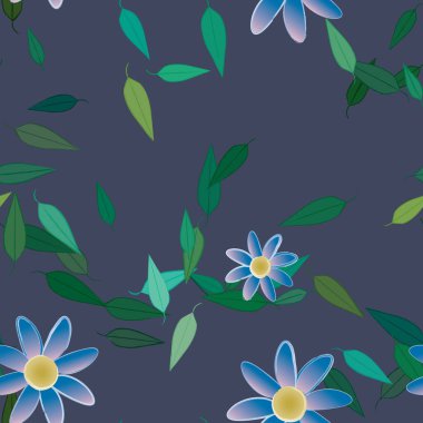 Basit renkli çiçekleri ve arka planda yeşil yaprakları olan güzel kompozisyon, vektör illüstrasyonu