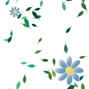 Basit renkli çiçekleri ve arka planda yeşil yaprakları olan güzel kompozisyon, vektör illüstrasyonu