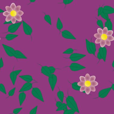 Basit renkli çiçekleri ve arka planda yeşil yaprakları olan güzel kompozisyon, vektör illüstrasyonu