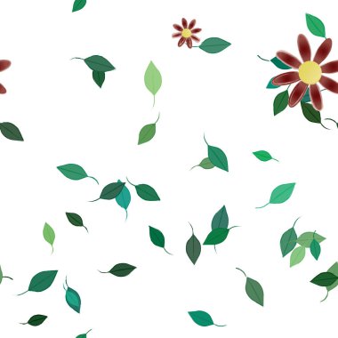 Serbest kompozisyonda yeşil yapraklı basit çiçekler, vektör illüstrasyonu